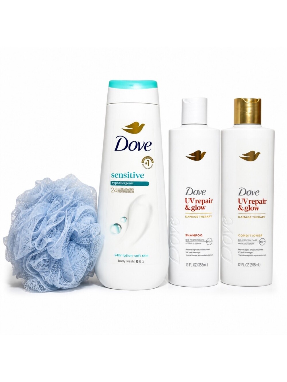 Dove Sensitive Body Wash + UV Repair & Glow Shampoo Conditioner + Loofah 4 Pack